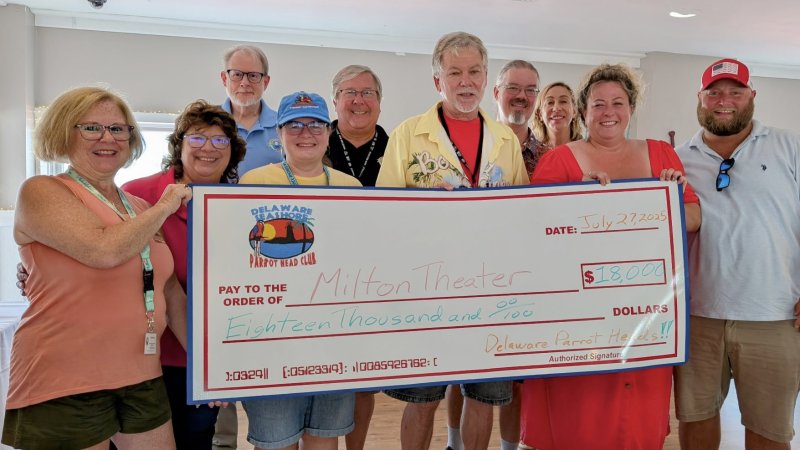 Members of the Delaware Seashore Parrot Head Club’s Board of Directors recently presented a check for $18,000 to the Milton Theatre for their Youth Education Program. Shown in front (l-r) are Kathy Foster, DSPHC secretary; Marion Witte, DSPHC director-at-large; Melissa Virtue, DSPHC director-at-large; G. Carleton Foster, DSPHC president; Jaycee Brittingham, Milton Theatre director of development; and Bill Brittingham, Milton Theatre. Shown in back are Scott Witte, DSPHC director-at-large; Jim Shanaman, DSPHC vice president; Jimmy Kroon, DSPHC treasurer; Traci Decker, Boat Drinks auction chair. SUBMITTED PHOTOS