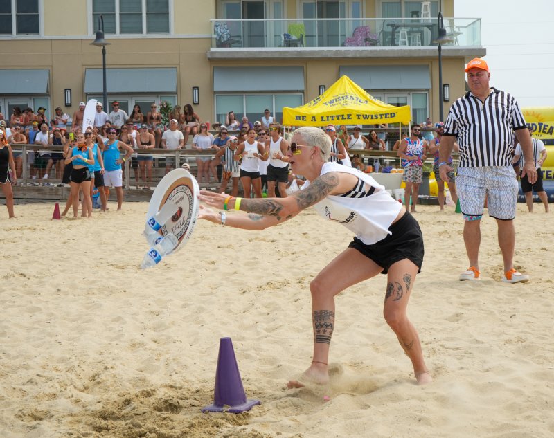 The Lighthouse’s Lauren Ames is one of many competitors who dropped their tray during the tray carry relay.