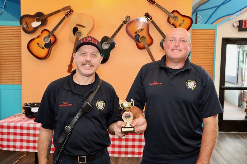 Lewes firefighters Chet Reynolds, left, and R.J. Kauffman hold the first-place trophy for winning the inaugural Crooked Hammock chili cook-off Sept. 9. Their recipe will hit the restaurant menu Monday, Oct. 27, when the restaurant will donate $1 from each bowl sold to the Lewes Fire Department. BILL SHULL PHOTOS