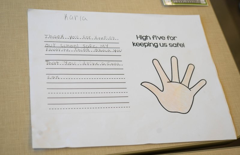 One student, Karla Ortiz-Hernandez, thanked the officers and said she likes their patrol cars.