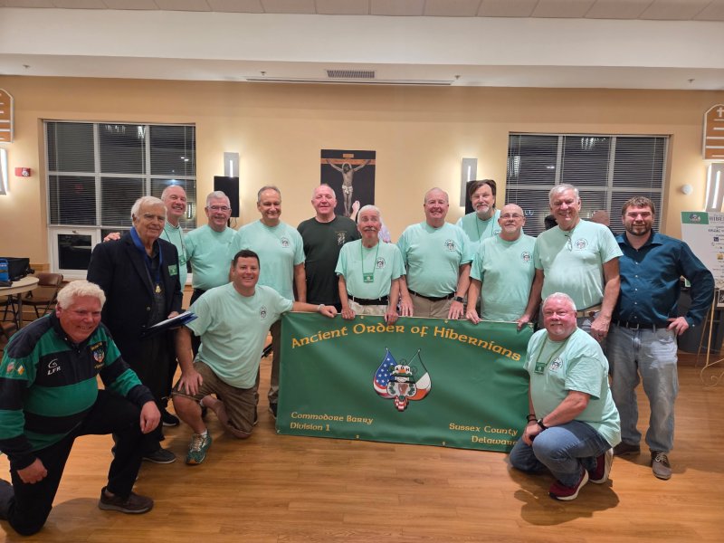 Ancient Order of Hibernians Commodore Barry Division members gathered at the fundraiser are in back (l-r) Jim Ryan, treasurer; Jim McCue; Martin Foye; Dennis O'Shea; Terence Reilly; Gerald Donegan; Terence McInereney; Dan Beyer; Ken Marren; Kevin Cunnion, vice president and financial secretary; and Joe Garrigan. In front are Bill Guerin, president; Peter Curran, division organizer; and Steve Kennedy. SUBMITTED PHOTO