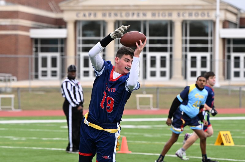 Patriots wide receiver Luke Heseltine grabs a pass for a Newark Charter touchdown.