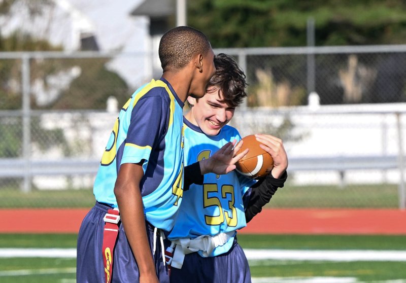 Cape senior Zane Richardson, left, congratulates Harlan Jones on his touchdown.