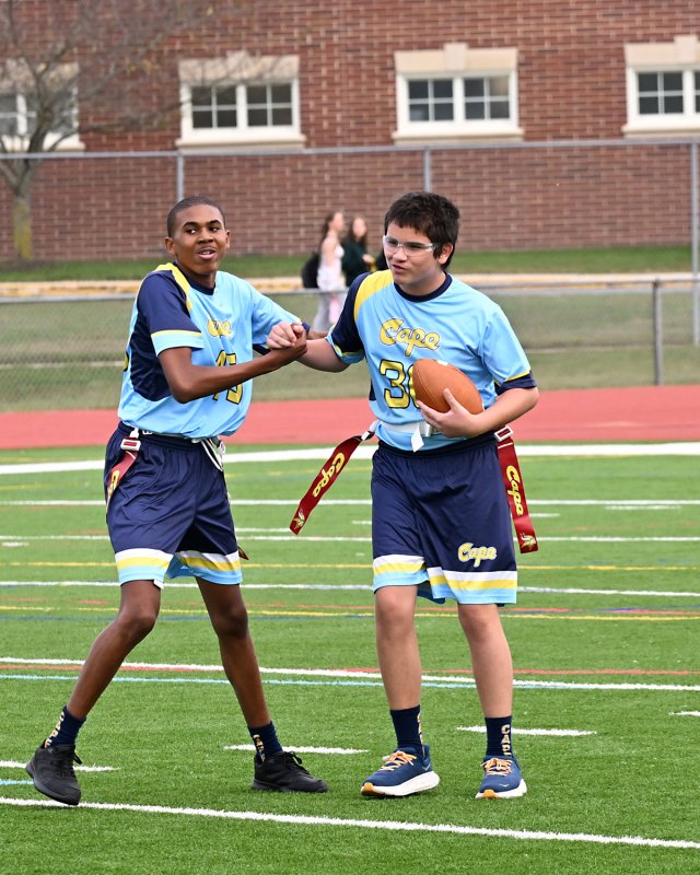 Cape senior Zane Richardson, left, congratulates Julian Puente on his touchdown.