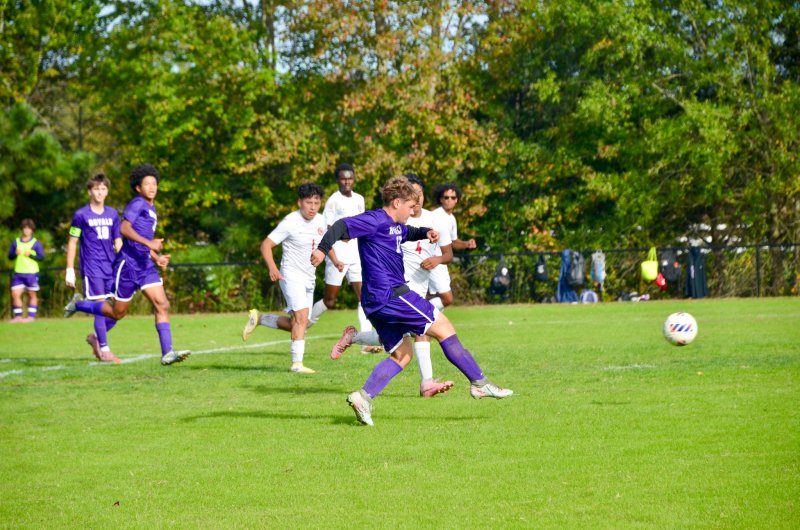 Delmarva Christian sophomore Ian Campbell sends a rocket into the back of the net.