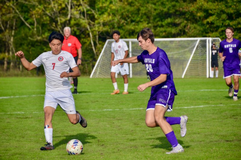 Delmarva Christian senior David Sagers applies pressure on defense.