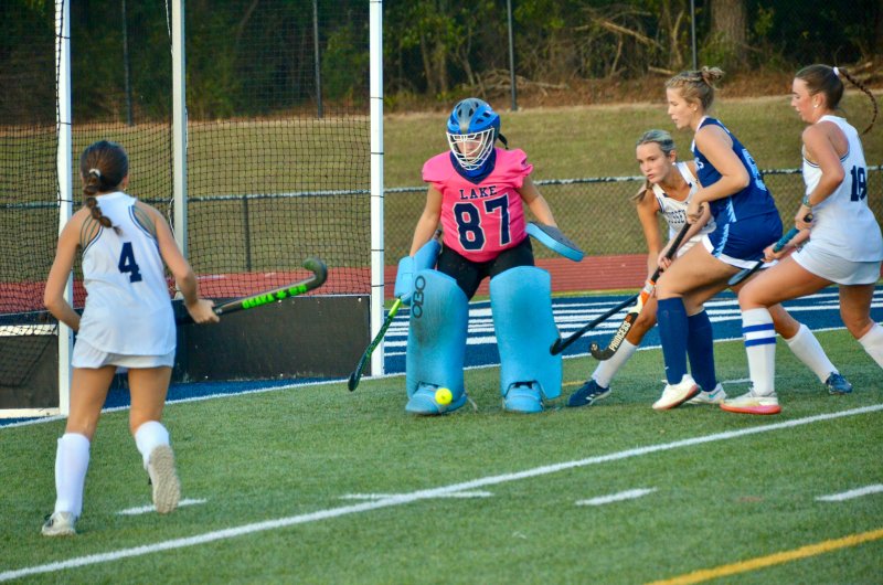 Lake Forest goalie Jessica Lewis makes one of her eights saves in the Spartans’ 3-2 victory over Sussex Academy Oct. 21. AARON R. MUSHRUSH PHOTOS