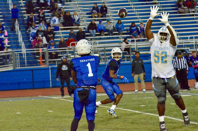 Cape senior Tre Batson couldn’t get to Alex Starling so he went airborne with his hands up.