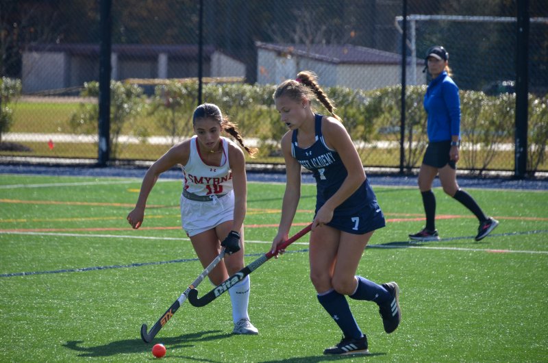 Seahawks junior Meredith Schiff tries to get past Smyrna freshman Kennedy Marks, who assisted the Eagles’ first tally.