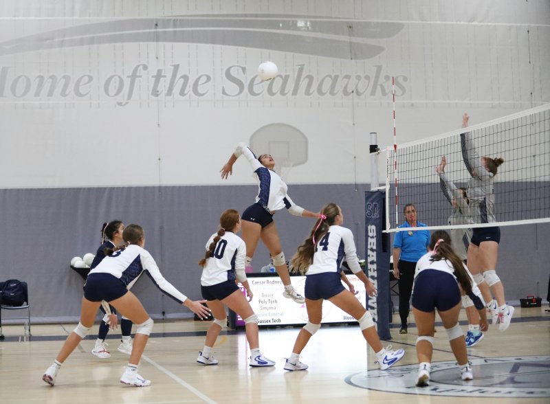 Seahawks junior Maya Hastings flies up for a hit.