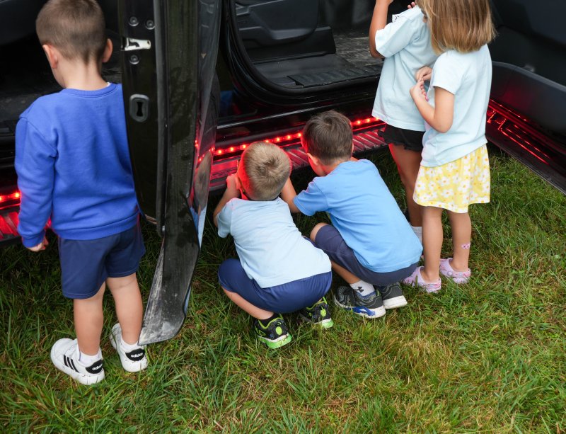 The LED lights on the Delaware Natural Resources Police car are a big hit among the Little Vikings students.