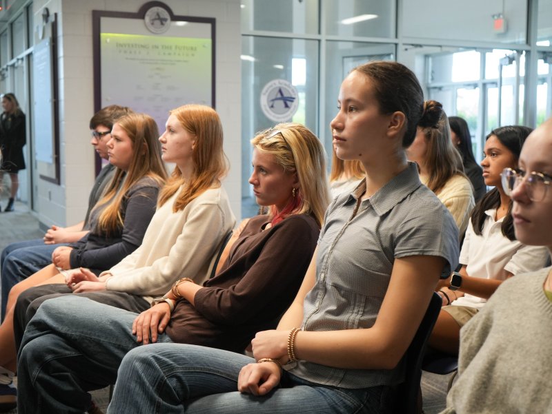 Sussex Academy students in the audience listen to a speech. Shown are (l-r) Wesley Knudsen, Finna Graves, Shannon Scudder, June Hale, Veronica Musina and Natalia Gatti. Sitting behind them is Priya Haldar.