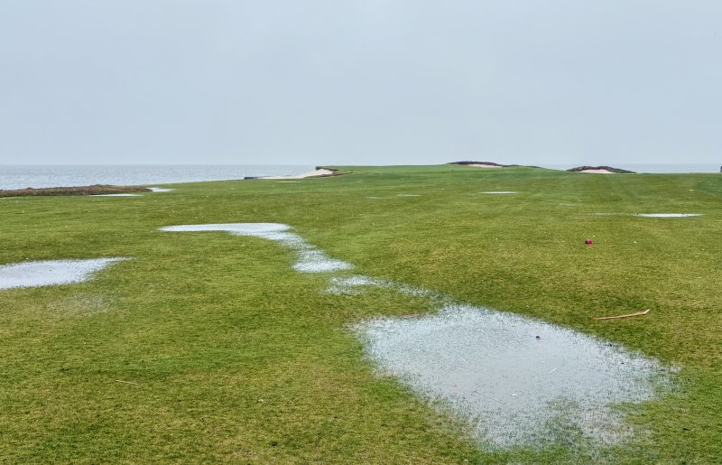 This week’s nor’easter caused some minor flooding and a two-day course closure at Rehoboth Beach CC, as shown in this Oct. 13 photo of the 19th hole between Rehoboth Bay and the clubhouse. Everything should be cleared up in time for the weekend’s college golf tournament, however. FRITZ SCHRANCK PHOTO