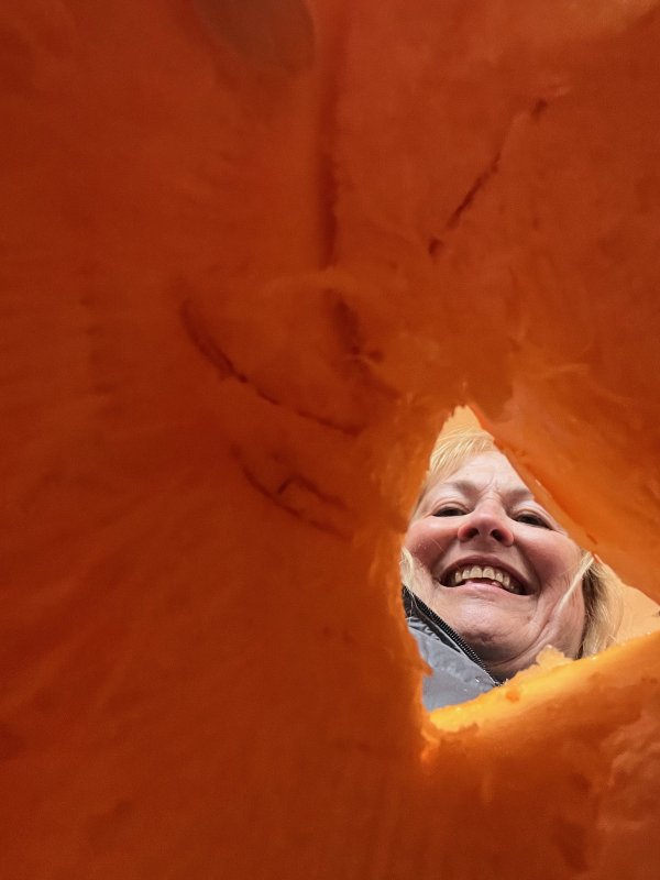 A pumpkin-eye view of Lisa Burnham from the Zwaanendael Women’s Club carving a jack-o-lantern.
