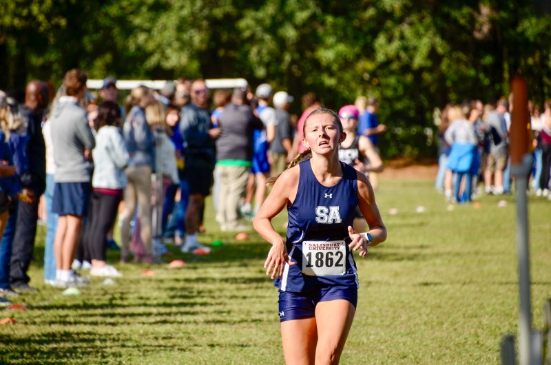 Sussex Academy junior Riley Moriarty wraps up as the Seahawks’ top finisher at the Tidewater Classic Oct. 1. She led the girls’ pack for the whole season. AARON R. MUSHRUSH PHOTOS