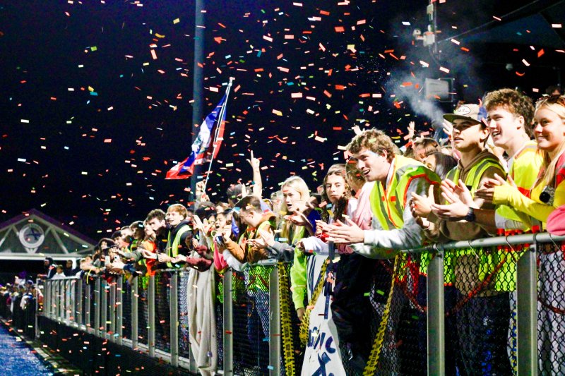 Decked out in fluorescent construction gear, Sussex Academy’s student section was building momentum and energy for the boys’ soccer team during the lads 2-0 victory over Sussex Central in the Under Construction Homecoming game Oct. 17. AARON R. MUSHRUSH PHOTO