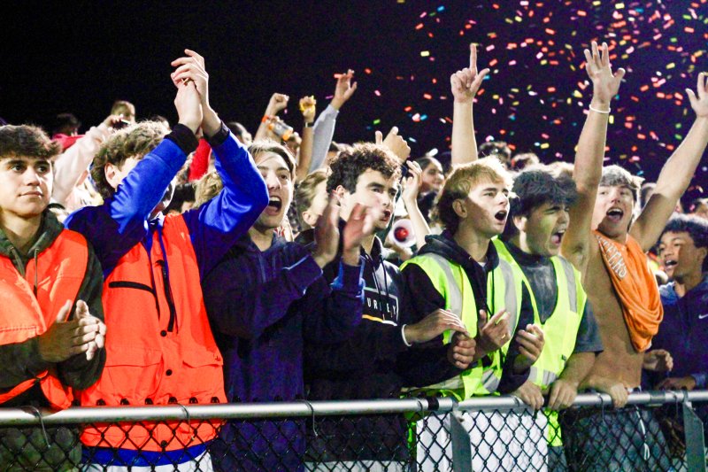 The supporters celebrate a goal. Shown are (l-r) Ryan Dostal, Zach Brittingham, Cole Wanalista, Ben Moody, Cooper Hagy, Tyler Jarrell, Mason Glover and Rico Nock. AARON R. MUSHRUSH PHOTO