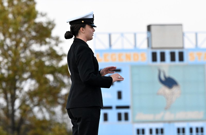 Drum Major Allison Rinehart leads the DMA Seahawks marching band.