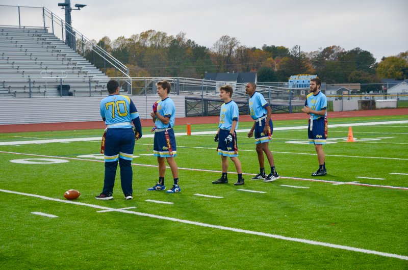 The Vikings begin the contest in a Maryland formation, placing three running backs behind the quarterback. Shown (l-r) are Austin Hastings, Grant Conway, Mason Trench, Zane Richardson and Jaxon Benton.