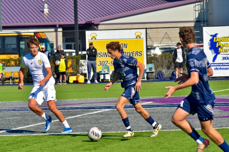 Vikings senior Liam Stegall does what he does best: control the ball and pace up the middle.