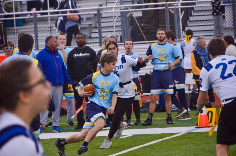 Viking senior Mason Trench picks up a first down.