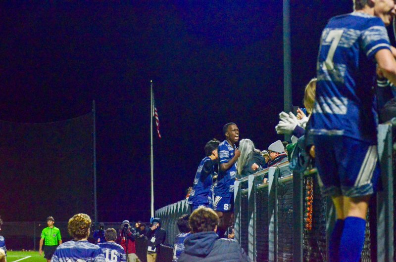Sussex Academy senior Jesse Jean-Louis did the Legacy Field leap after scoring the insurance goal in the 69th minute of the Seahawks’ 2-0 over Sanford School in the semifinals of the Division II DIAA boys’ soccer state tournament. AARON R. MUSHRUSH PHOTOS