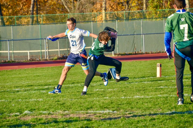 Vikings senior Grant Conway shows proof of the pulled flag of Graham Serpico.