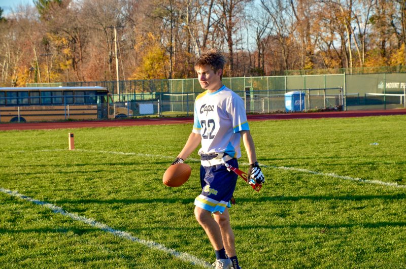 Vikings senior Mason Trench walks back following a score.