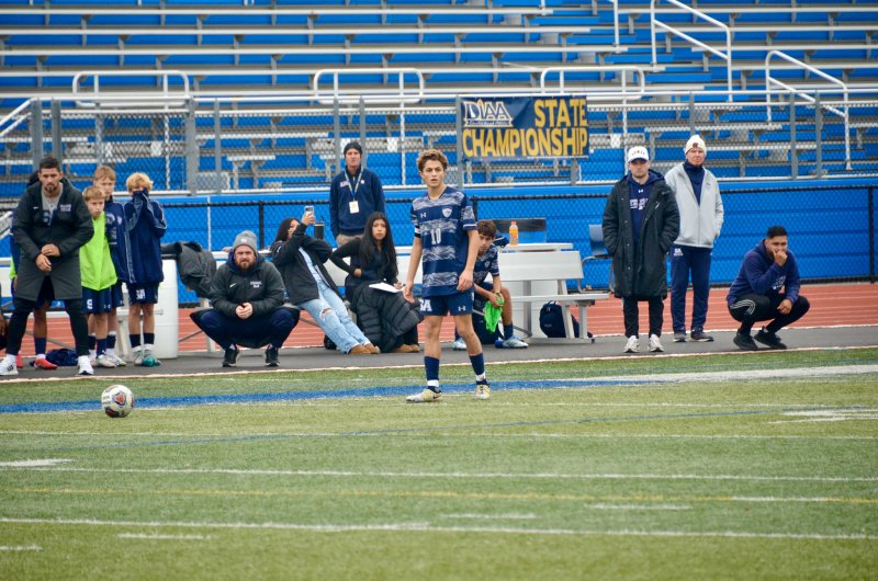 Sussex Academy senior Liam Stegall contemplates on of the biggest kicks of his career. The service was there, and the boys nearly found the goal.