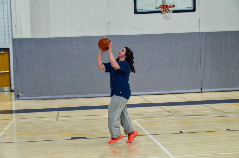 Eva Boos takes a shot from in close.