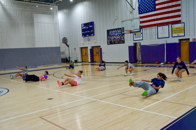 The girls get acquainted with the floor during a charge drill.