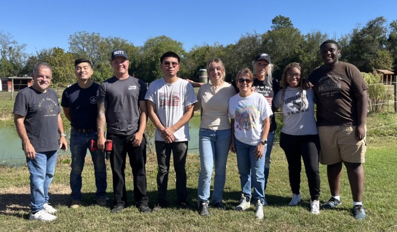 Veterans participated in equine-assisted psychotherapy at Courageous Hearts Farm last month. Pictured are (l–r) Lou Leto, Jaime Morales, Cole Breedlove, Jesus Valerro, Sophia Gibbons, Karen Berry, Amy Mcloe, Makayla Smith and Kanye Reid. SUBMITTED PHOTOS