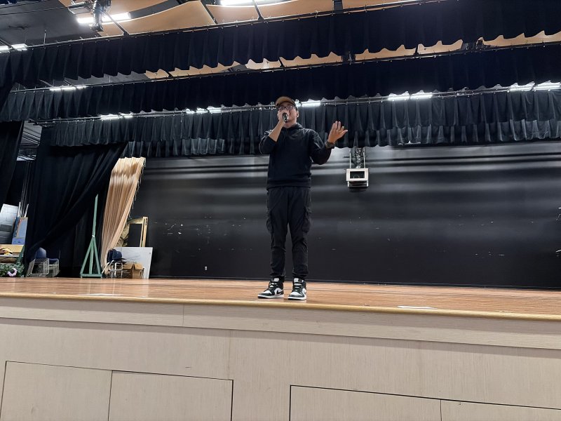 Backtrack Vocals’ Michael Crisole, aka DJ Brick, beatboxes during a performance for students at Sussex Academy. RYAN MAVITY PHOTOS
