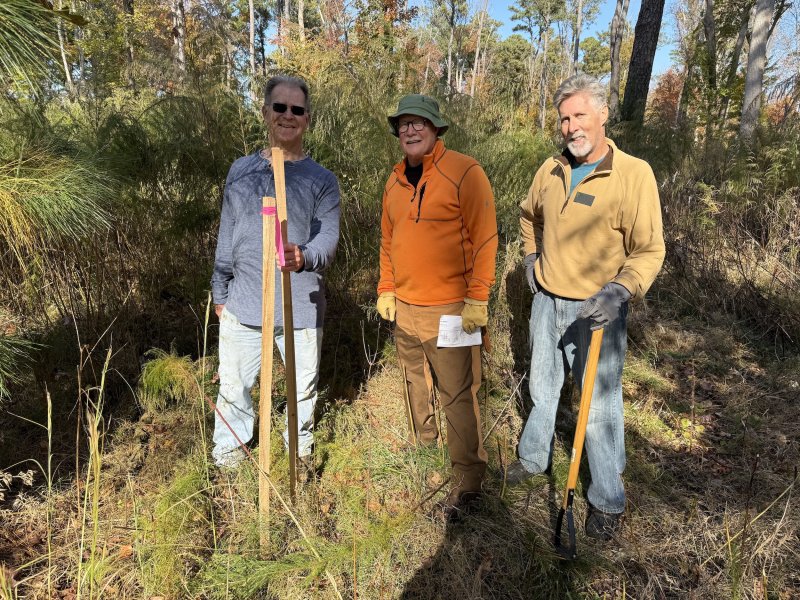 Three of the people who are leading the effort to protect the Fourth Street Preserve helping to remove invasive species on Nov. 8. The proposed master plan for the Fourth Street Preserve includes trails, forests and a constructed wetland. Shown are (l-r) Jim Ford, Fourth Street Preserve campaign chair, Rodney Robinson, landscape architect and Scott Wilkinson, master naturalist.