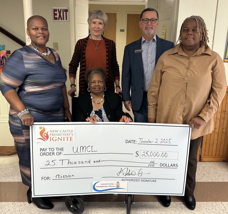 Check presentation attendees shown are in back (l-r) Westminster Presbyterian Church session members Pam Jusino, Ignite chairperson, and Jim Miller, WPC Mission Outreach co-chair. Unique Minds Changing Lives representatives in front are Kristy Gibbs, executive director; Helena Gibbs, founding visionary; and Zabrina Gibbs, treasurer. SUBMITTED PHOTO