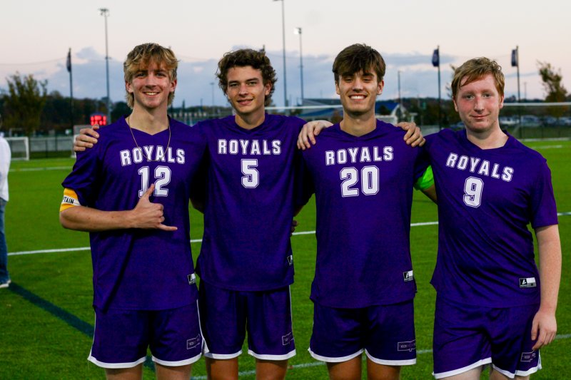 Delmarva Christian celebrated its soccer seniors at halftime of a 4-1 victory over Polytech Oct. 30. Shown are (l-r) Harrison Schlabach, James Baxter, David Sagers and Josh Strawhecker. AARON R. MUSHRUSH PHOTOS