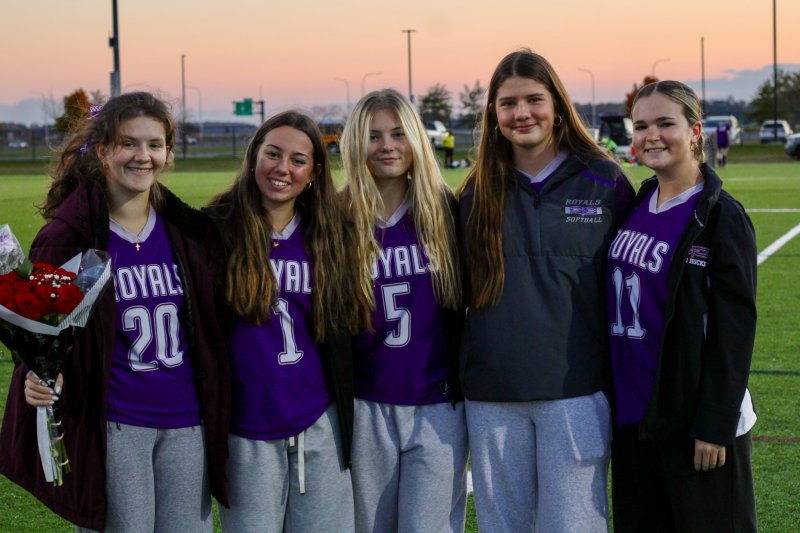 Royals field hockey also celebrated its seniors at halftime of the soccer game. Shown are (l-r) Chloe Wilkerson, Hayley Jones, Alyse Potter, Eve Bohinski and Libby Dawson.