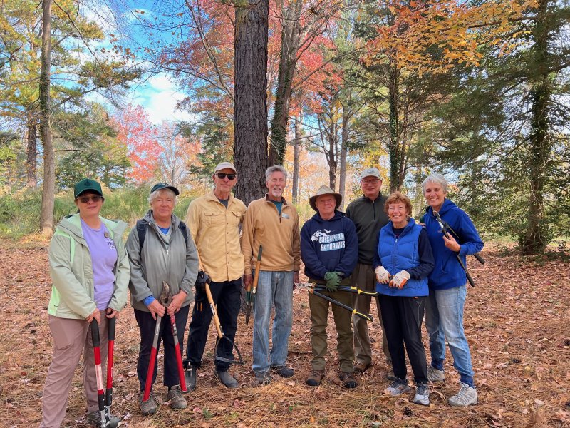Volunteer master naturalists began removing English ivy at the
Fourth Street Preserve in Lewes on Nov. 8. English ivy is one of the most aggressive non-native species impacting the health of native trees and understory plants throughout the site. Shown are (l-r) Kristin Peters, Jo-Anne Wazlowski, Gregg Woolston, Scott Wilkinson, Ernie Ritchey, Rich Suszko, Beth Mills and Diane Barlow. SUBMITTED PHOTOS