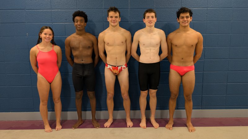 Sussex Academy swimming continues to grow in success and numbers, sporting more than 45 swimmers between the two teams for the 2025-26 season. Some seniors on the team are (l-r) Victoria Evans, Sebastian Scruggs, Kieran Probert, Doug Kleintop and Angel Figueroa. AARON R. MUSHRUSH PHOTO