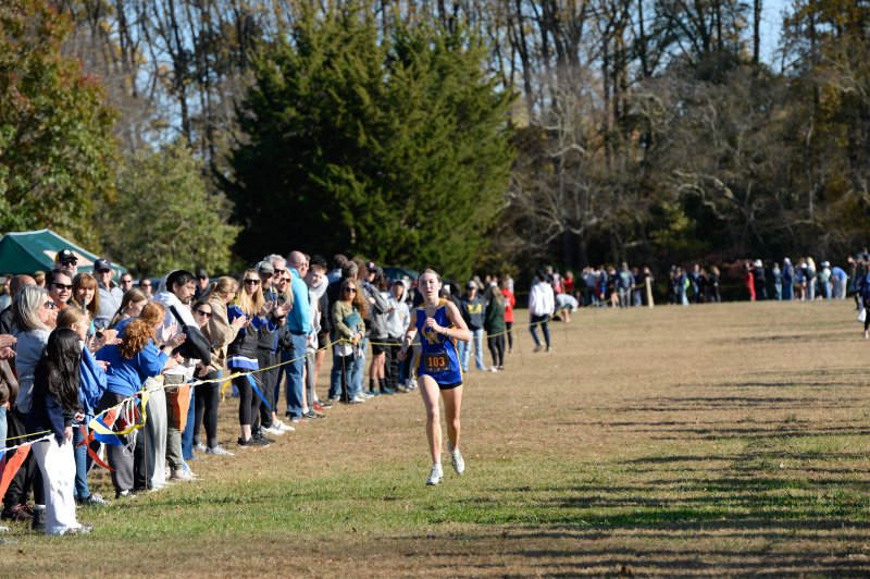 Morgan Thompson of Caesar Rodney wins the varsity girls’ race in 19:10.