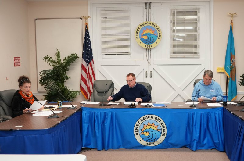 During the Dewey Beach Charter & Code Review Committee’s meeting Oct. 27, members review recommendations regarding amending the town’s building permit requirements. Shown are (l-r) Marcia Schieck, Chair Dave Lyons and Jimmy O’Conor. Other members are present virtually via Zoom. ELLEN MCINTYRE PHOTO