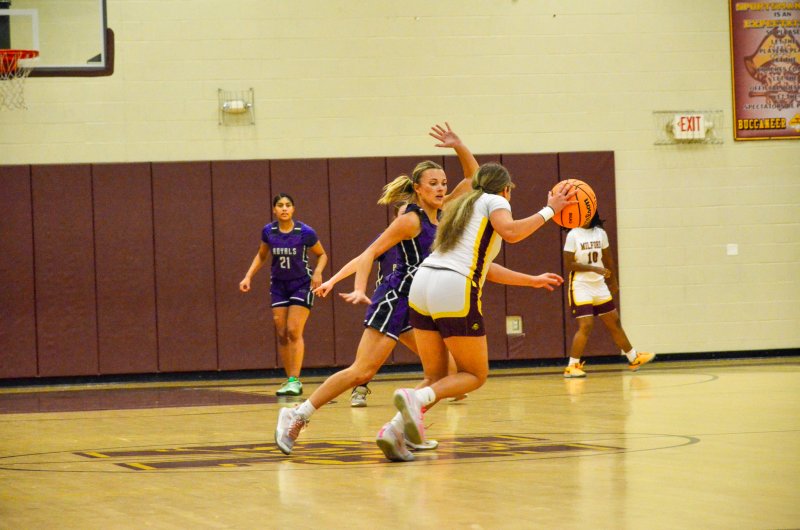 Delmarva Christian senior Riley Barto welcomes the ball handler across mid-court.