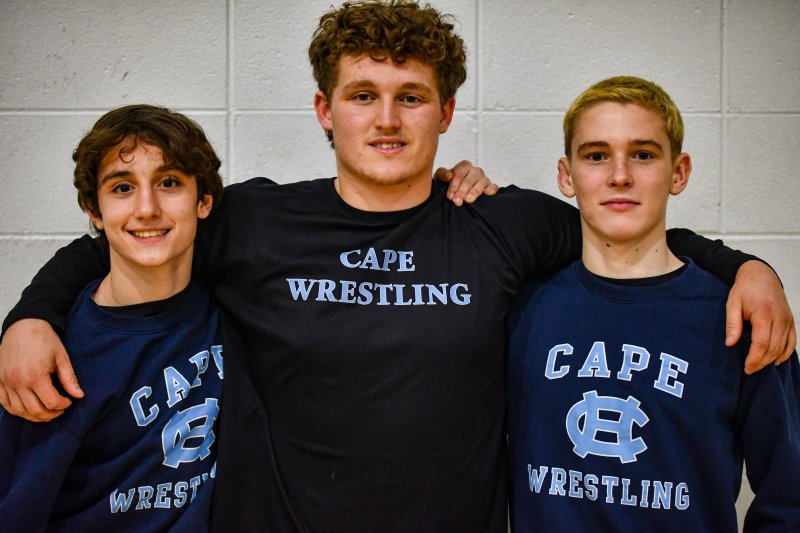 Earning big wins for the Cape wrestling team were (l-r) Nolan Wright, Robbie Payton and Jack Hudson. DAVE FREDERICK PHOTOS