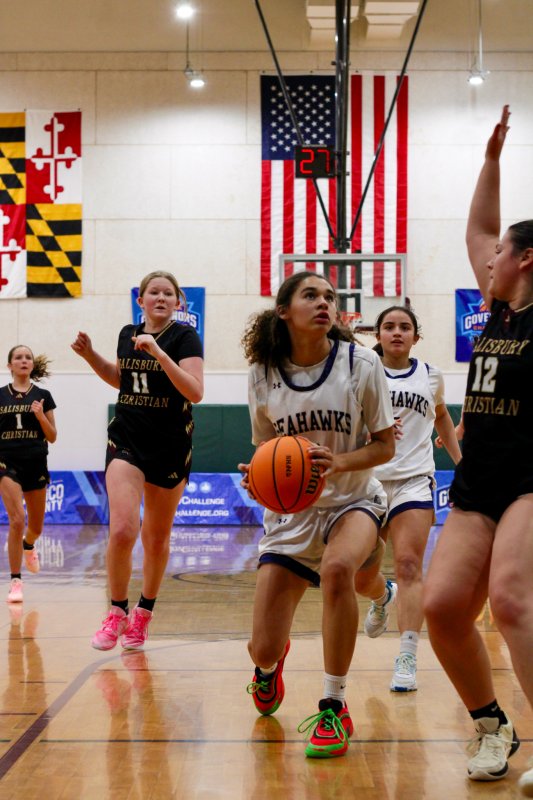 Sussex Academy freshman Barb Carneiro-Duarte tries to clear herself for a shot.