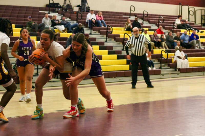 Delmarva Christian senior Eve Bohinski fights for a rebound with Bella Watson.