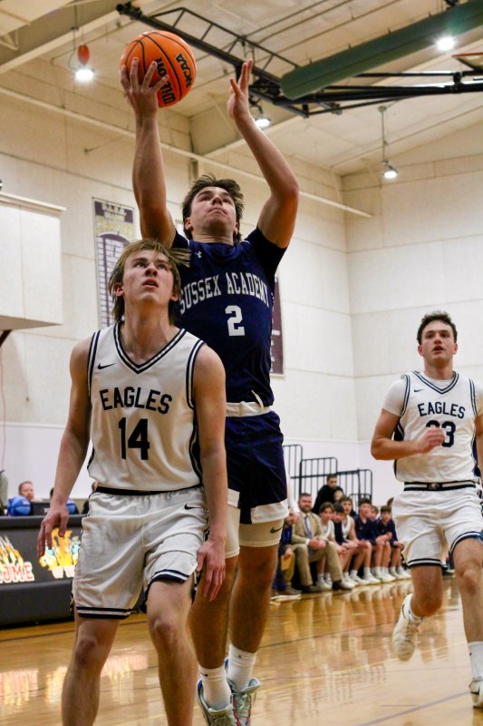 Sussex Academy sophomore Mason Glover goes up for a lay-up.
