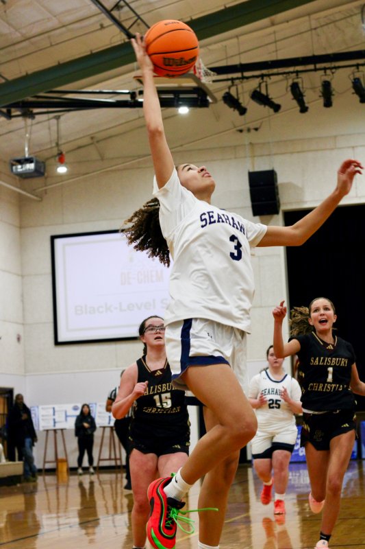 Sussex Academy freshman Barb Carneiro-Duarte tries to reel in a pass.