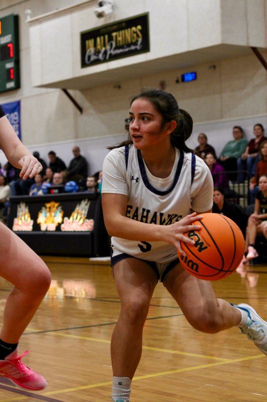 Seahawks freshman Patti Lara Nieto tries to get a pass into the paint.