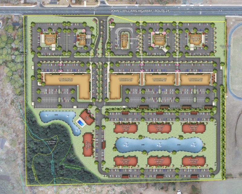The Belle Mead preliminary site plan includes three sections of mixed-use commercial and apartments along Route 24 near Beacon Middle and Love Creek Elementary schools. BECKER MORGAN GRAPHIC