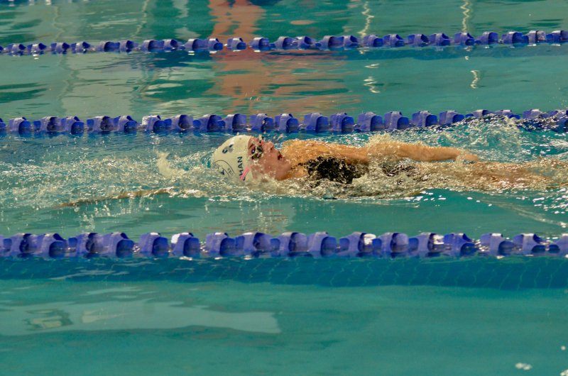 Sussex Academy sophomore Gretchen Maughan swims the backstroke portion of the individual medley to help the Seahawks sink the Bucs Jan. 23. AARON R. MUSHRUSH PHOTOS
